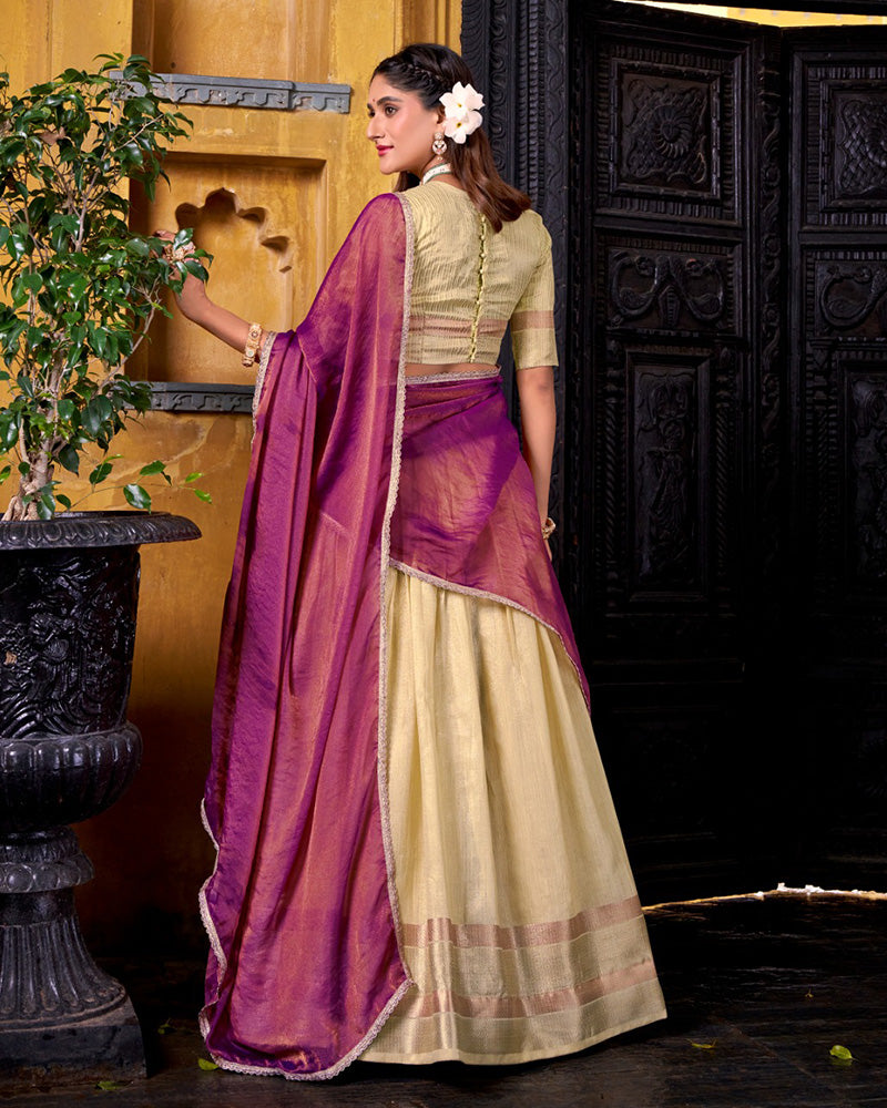 Yelllow Color Dupion Silk Zari Weaving Half Saree