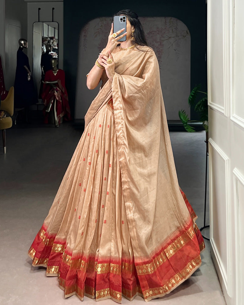 Elegant Cream Pure Chanderi Half Saree With Zari Weaving