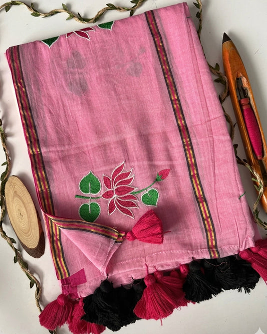 Pink Color Pure Mal Cotton Lotus Work Saree
