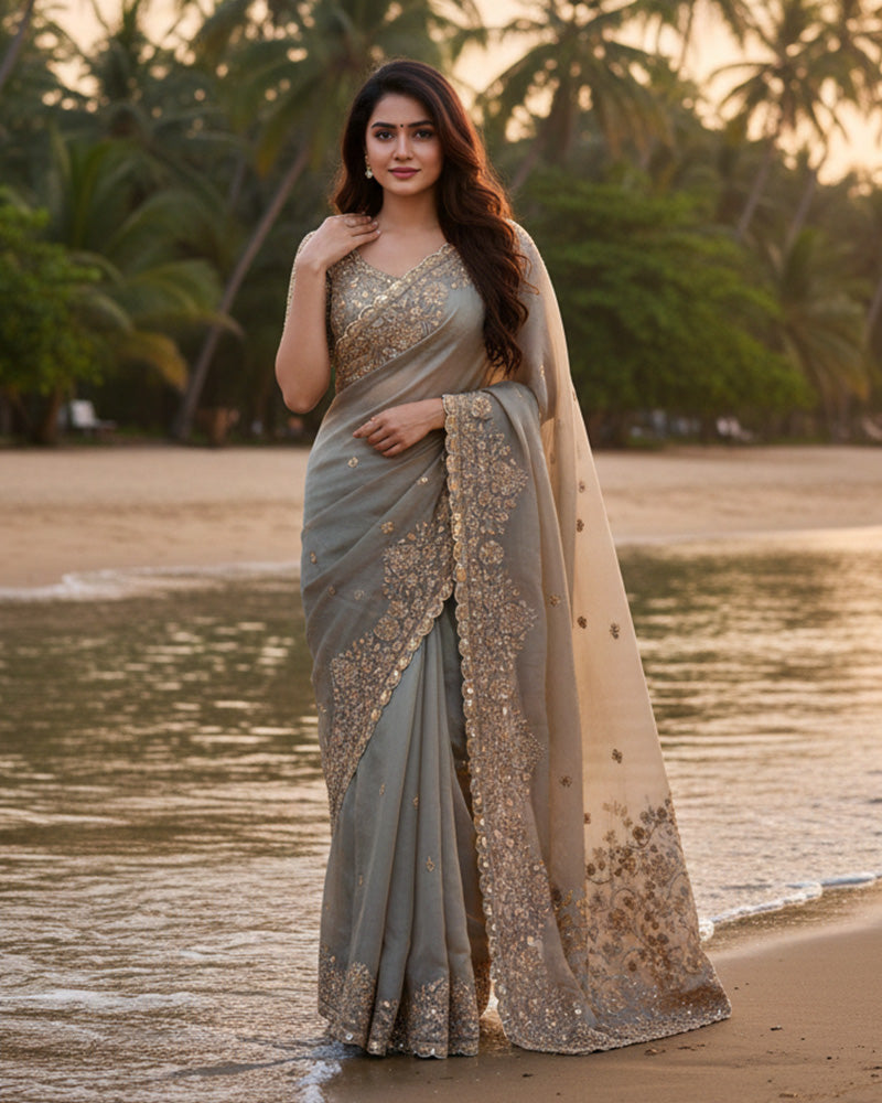 Maroon Color Space Silk Beads Embroidered Saree