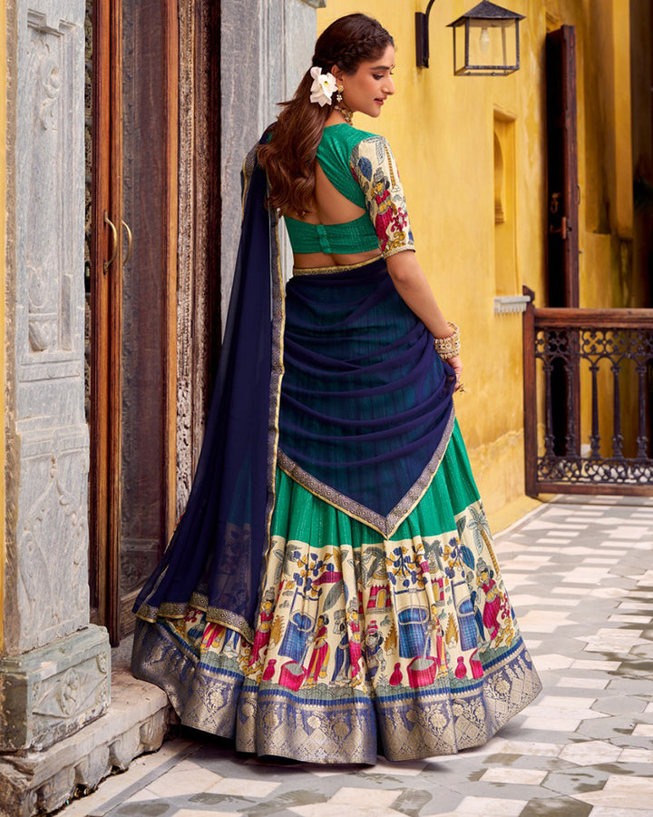 Bottle Green Color Poly Chanderi Printed Half Saree