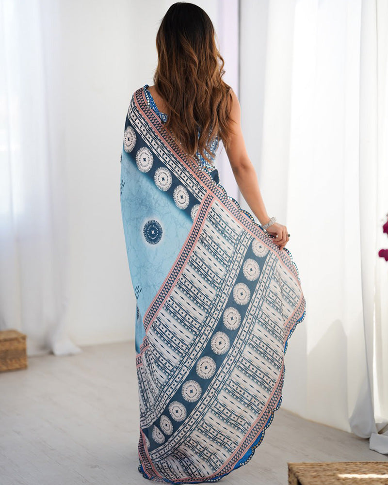 Sky Blue Color Chinnon Silk Mirror Work Saree