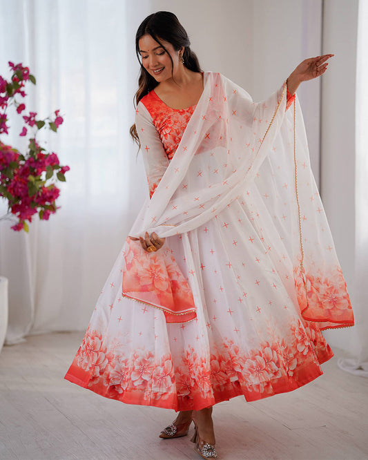 Orange Color Flower Print Tabby Organza Anarkali Suit