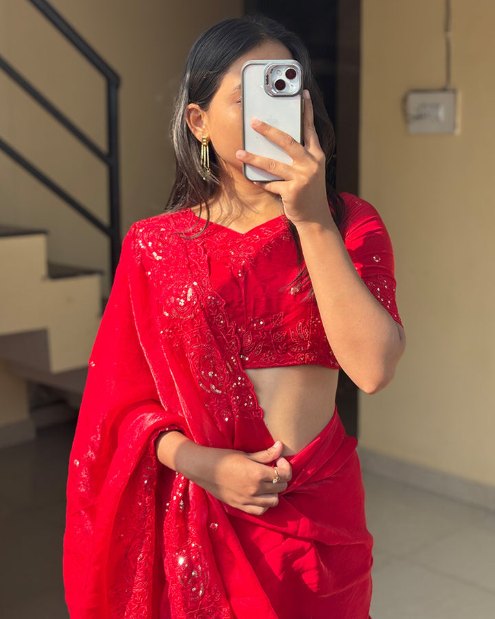 Red Color Space Silk Sequence Embroidered Saree