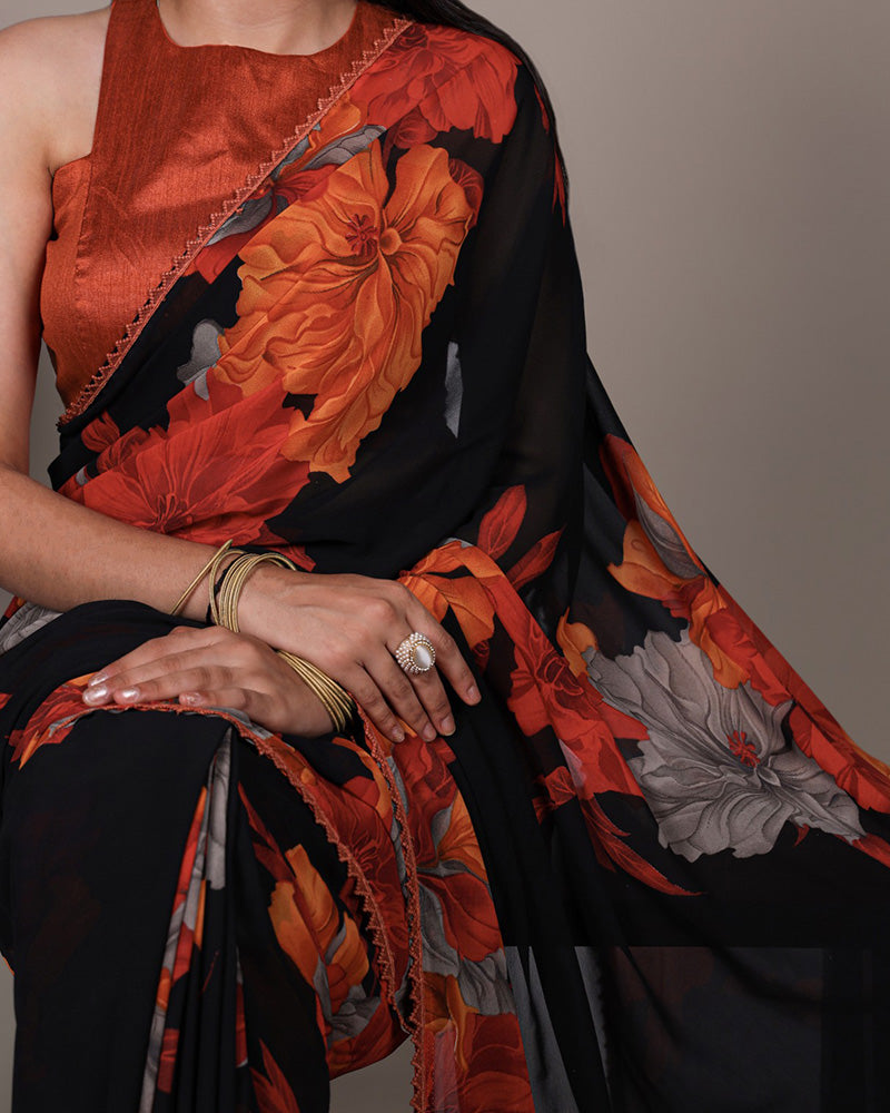 Rust Orange Color Weightless Marble Floral Printed Saree