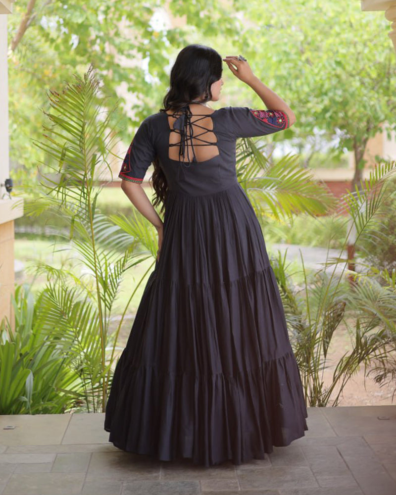Two Color Kora Cotton with Multi Thread Embroidered Navratri Gown
