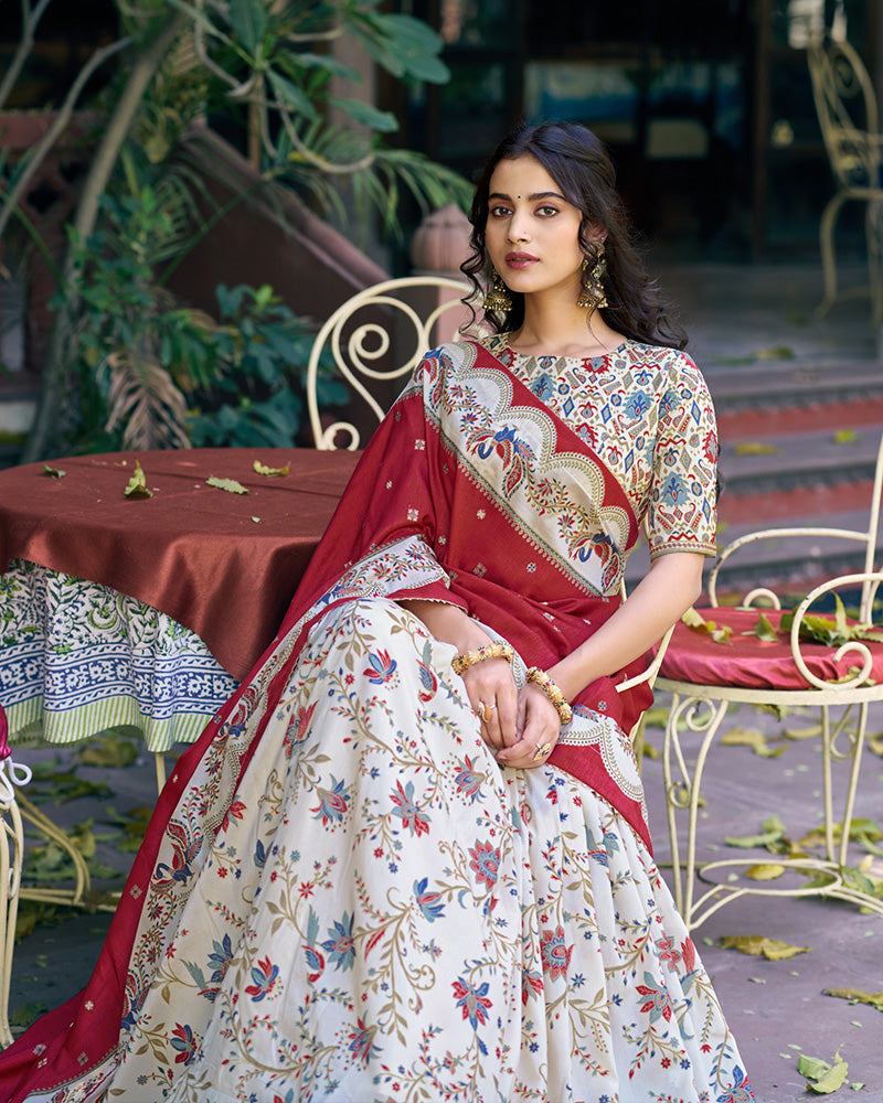 Off-White Color Tasar Silk Foil Printed Lehenga Choli