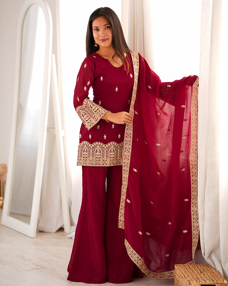 Maroon  Color Crunchy Silk Embroidered Plazzo Suit