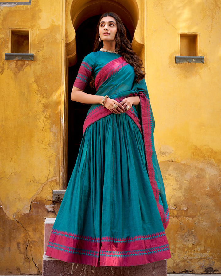 Teal Green Color Pure Chanderi Threaded Half Saree