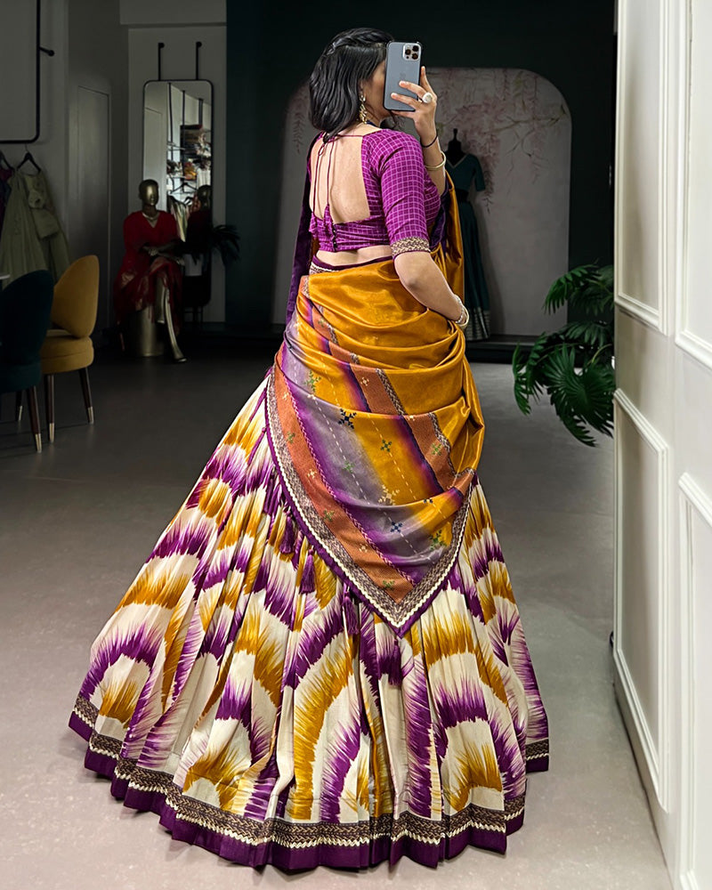 Wine Color Tasar Silk Dye Printed Lehenga Choli