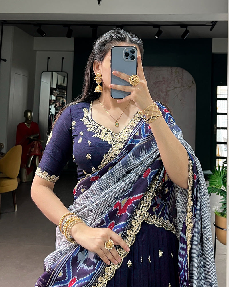 Premium Navy Blue Embroidered Vichitra Silk Lehenga Choli