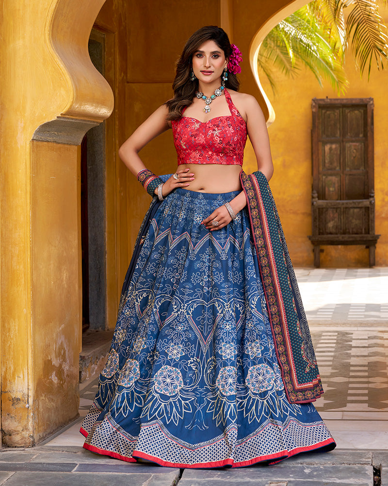 Blue Color Vichitra Silk Printed And Embroidered Lehenga Choli