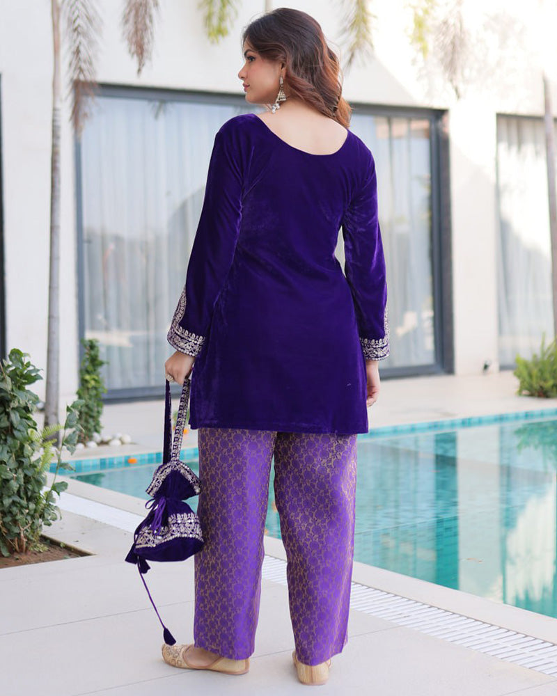 Purple Color Velvet Embroidered Kurti Suit