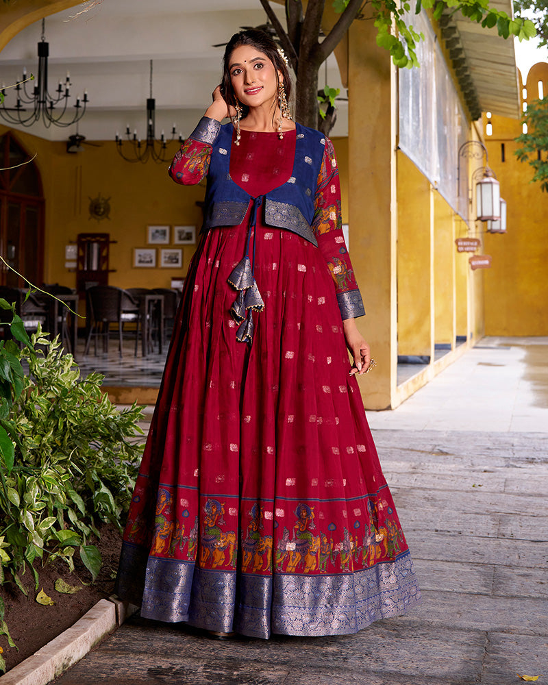 Elegant Maroon Color Poly Cotton Gown With koti