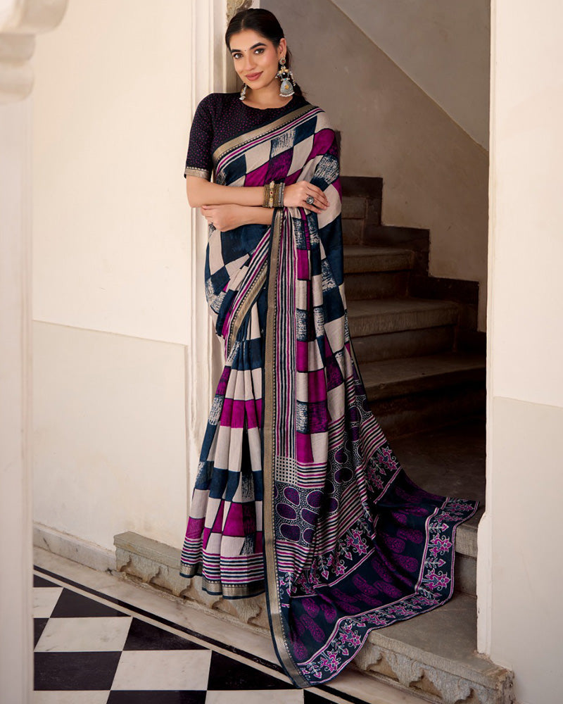Navy Blue Color Polyester Chanderi Printed Saree