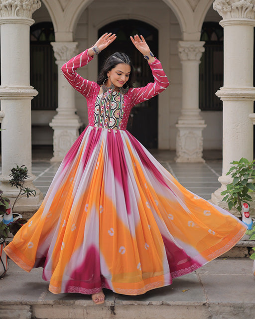 Pink Color Faux Georgette Bandhej Print Navratri Gown