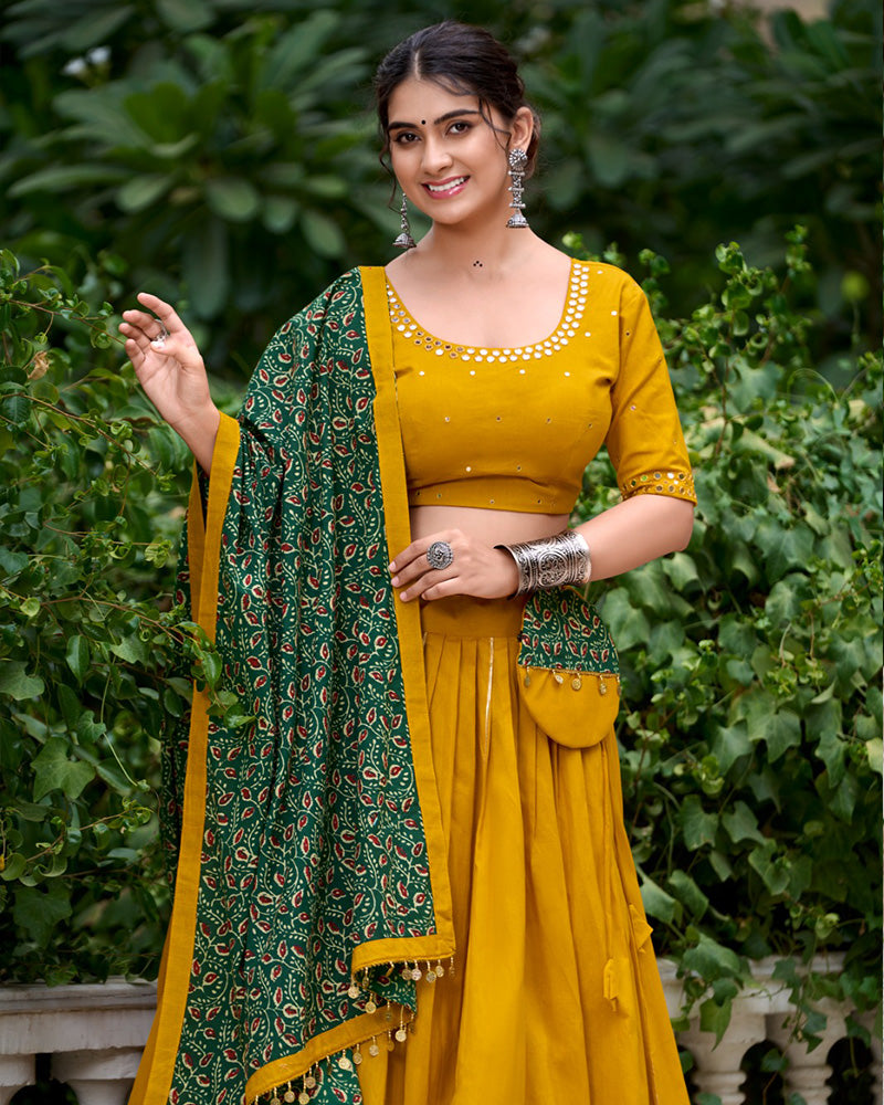 Mustard Color Cotton Plain Navratri Lehenga Choli