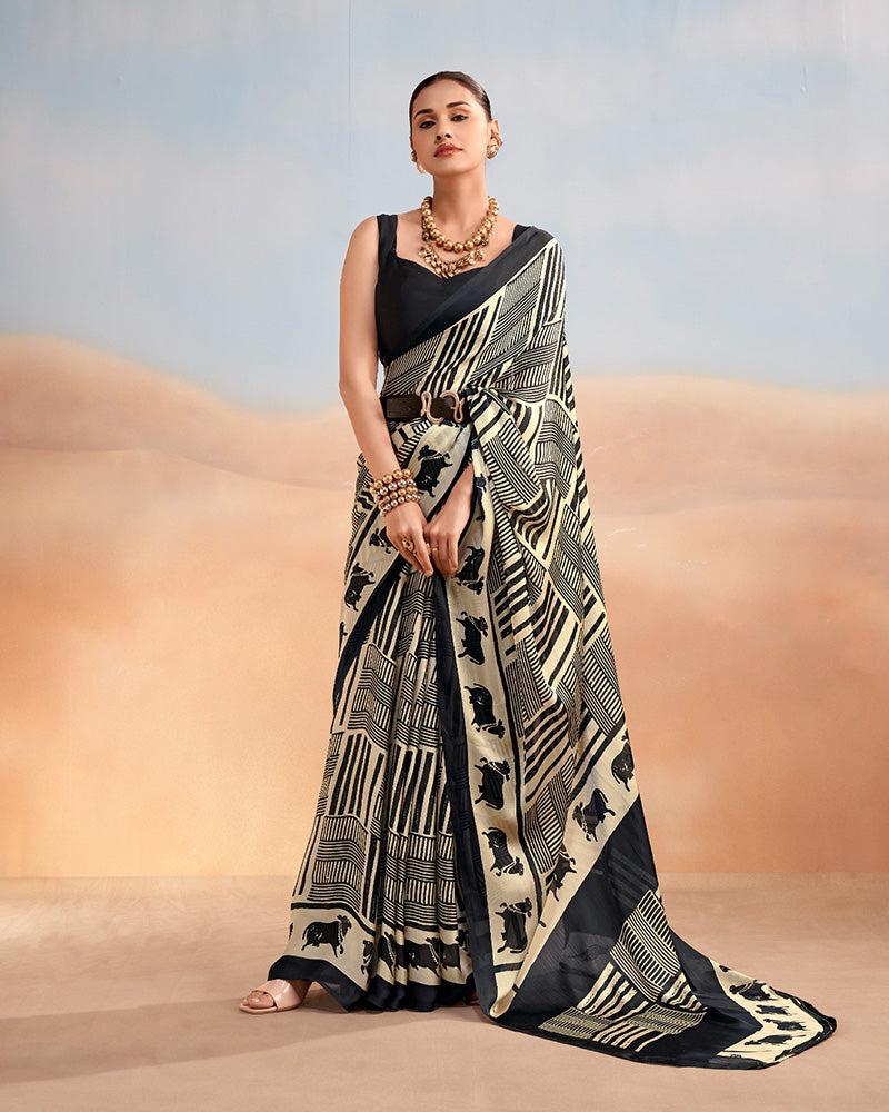 Black Color Satin Chiffon Printed Saree