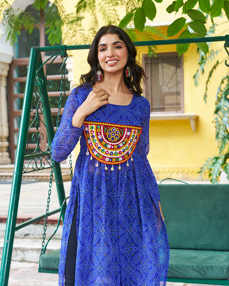 Festive blue Georgette Printed Kurti With Gamthi Patchwork