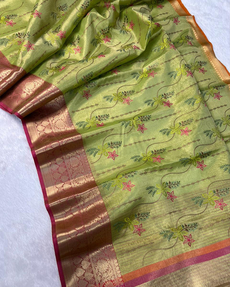 Mehndi Color Tissue Silk Floral Embroidered Saree