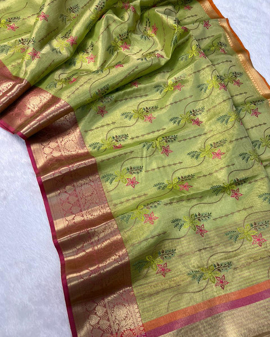 Mehndi Color Tissue Silk Floral Embroidered Saree