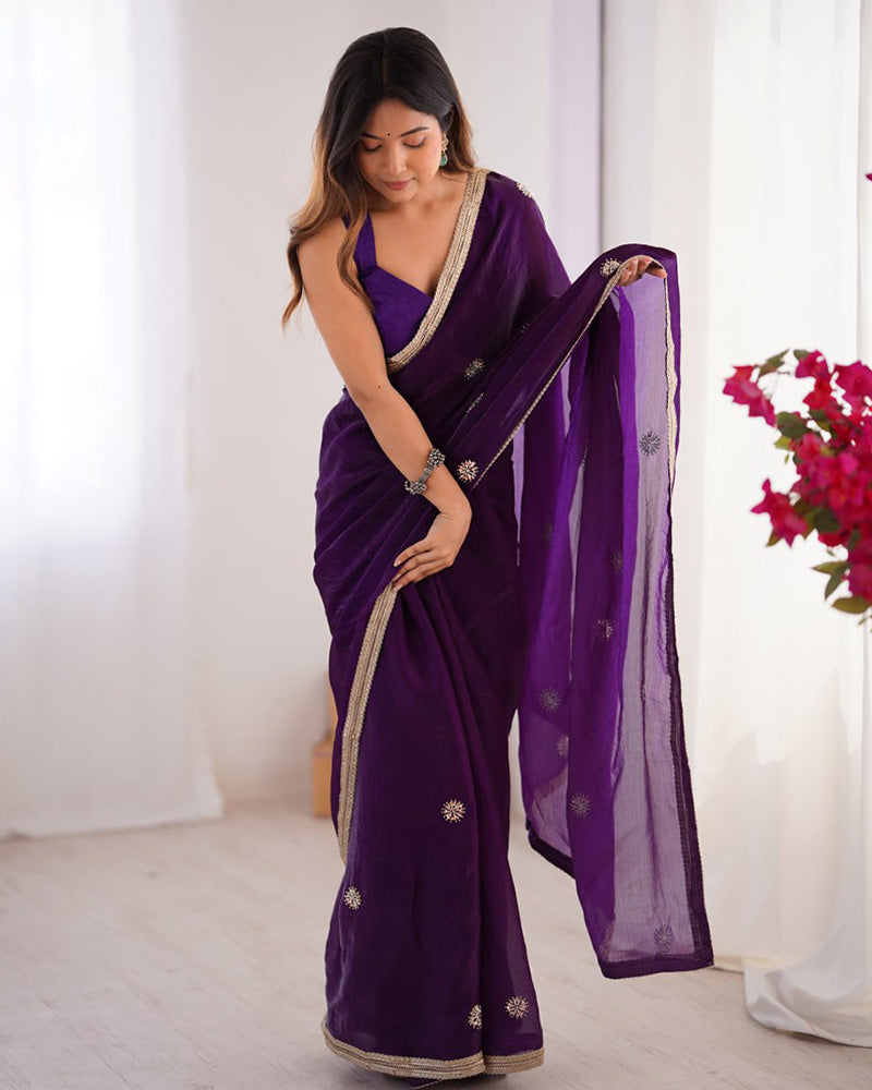 Purple Color Smooth Fandy Embroidered Saree