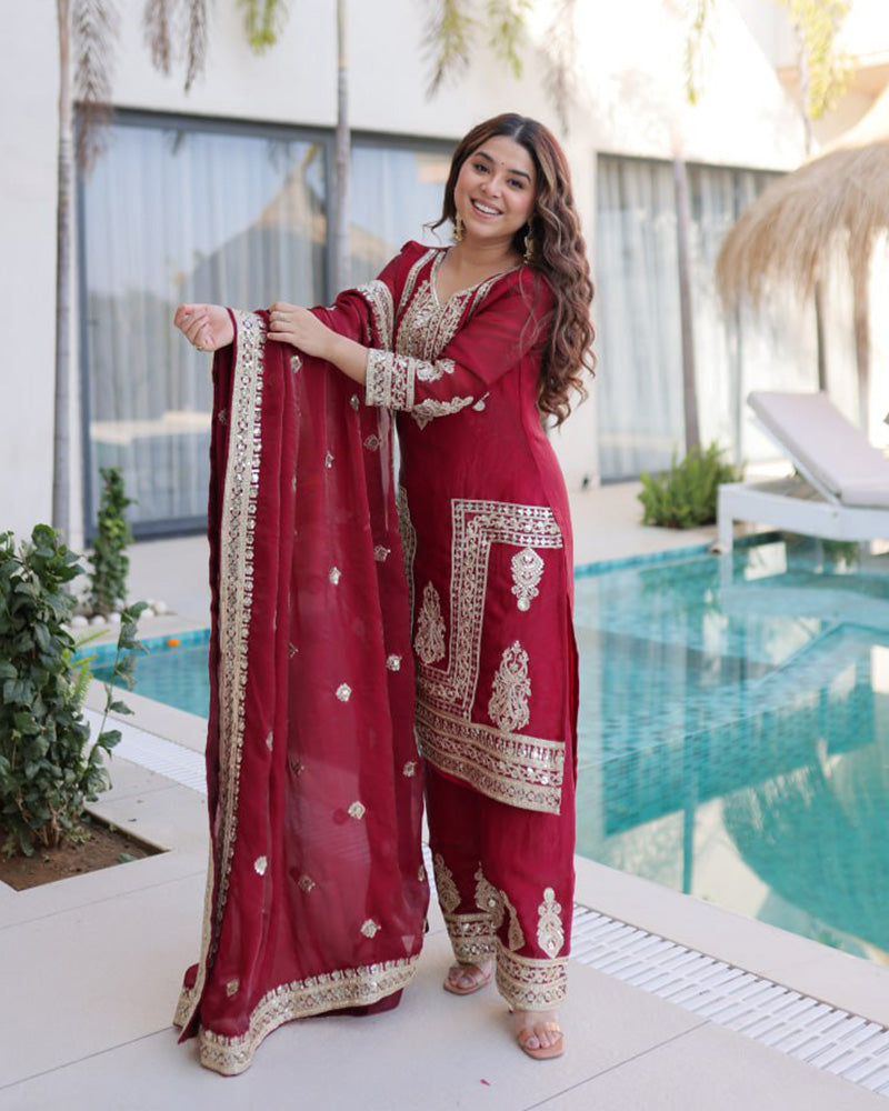 Wine Maroon Color Fendi Silk Embroidered Kurti Suit