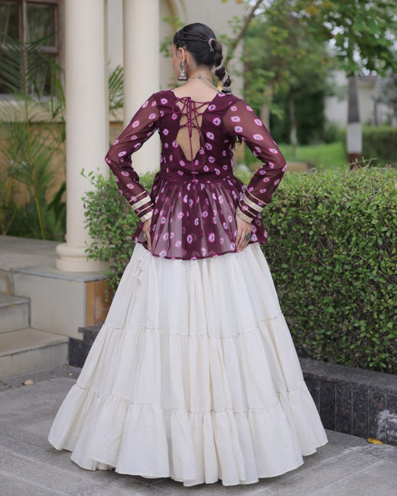 Wine Color Bandhani Printed With Kora Cotton Navratri Lehenga Set