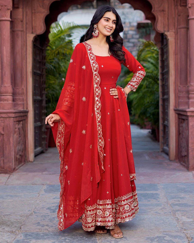 Ethnic Red Color Georgette Sequence Embroidered Gown