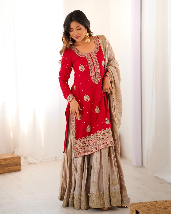 Red Color Chinon Silk Embroidered Sharara Suit