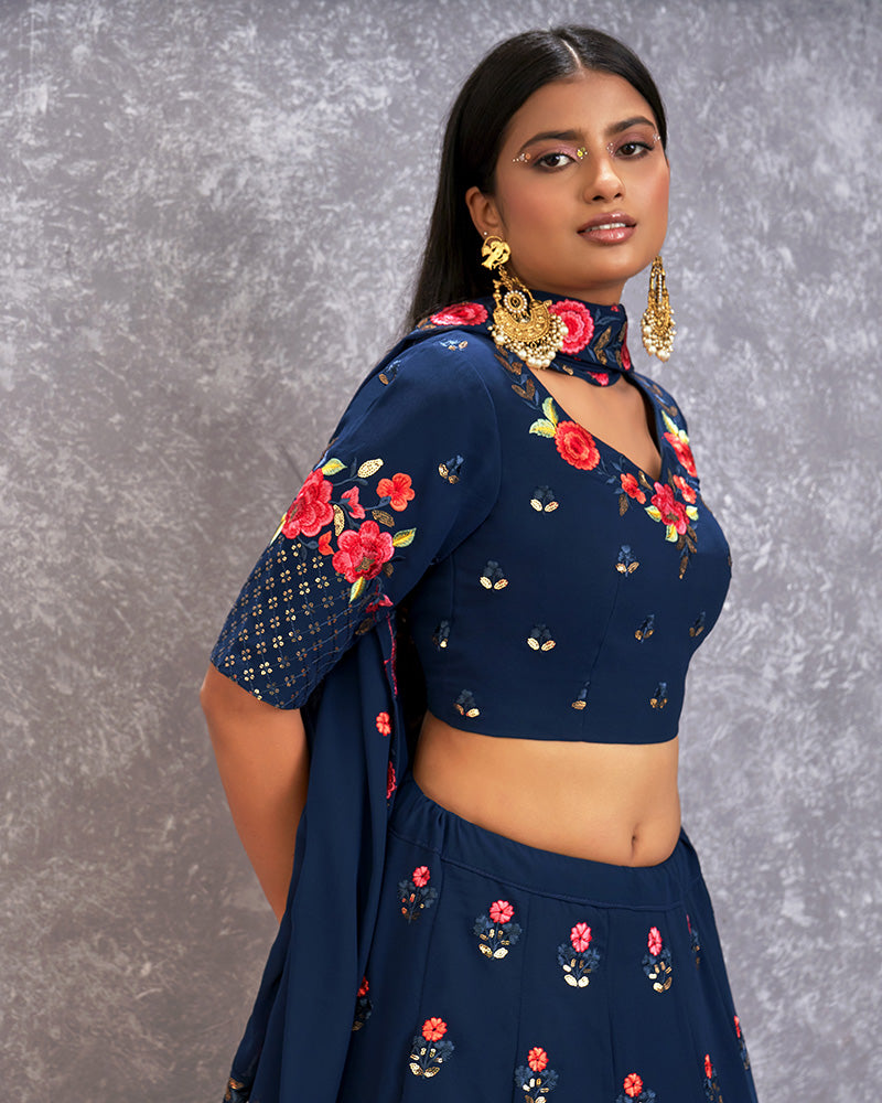 Teel Blue Color Embroidered Georgette Semi Stitched Lehenga Choli