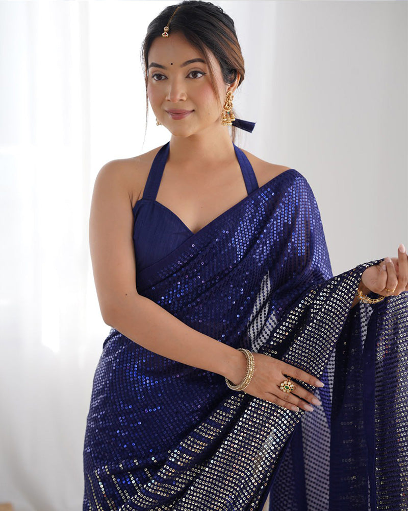 Navy Blue Color Heavy Georgette Embroidered Saree