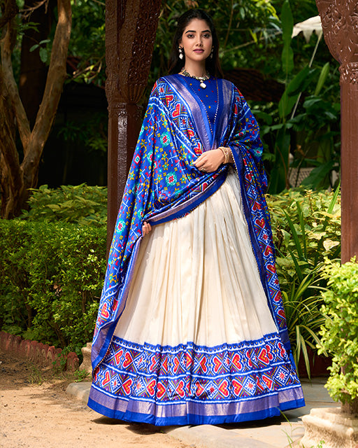 Royal Blue Color Tussar Silk Patola Printed Lehenga Choli