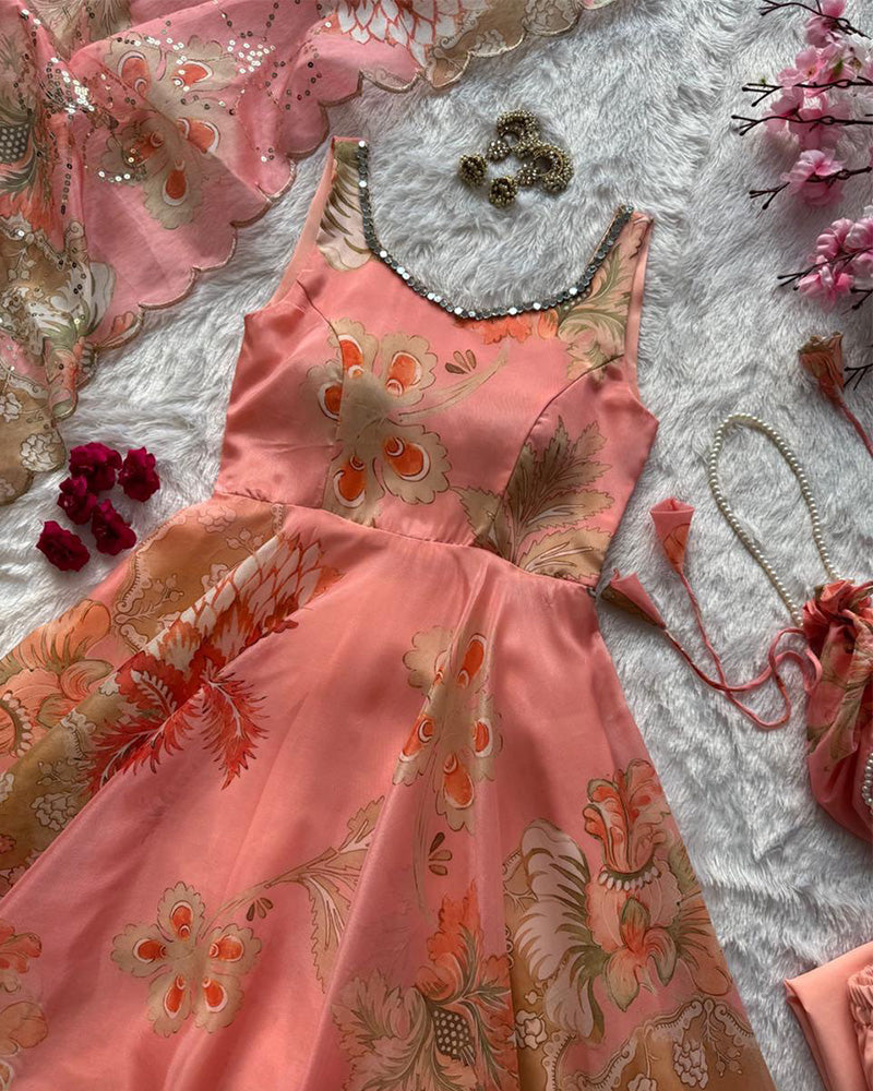 Peach Color Digital Printed Soft Organza Anarkali Suit