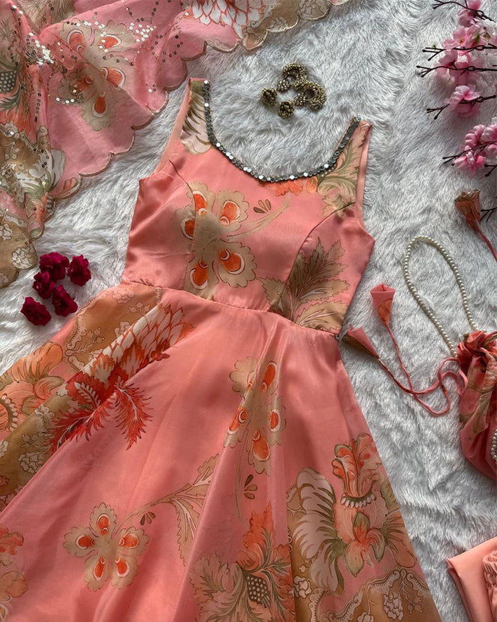 Peach Color Digital Printed Soft Organza Anarkali Suit