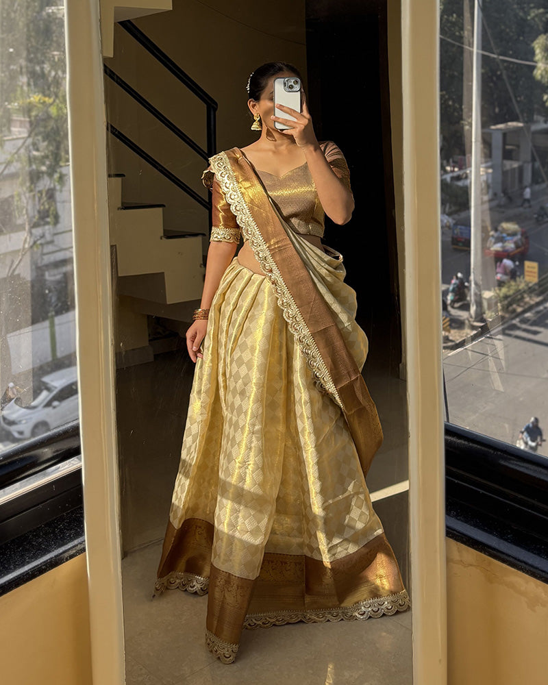 Golden Color Tissue Silk Zari Work Saree