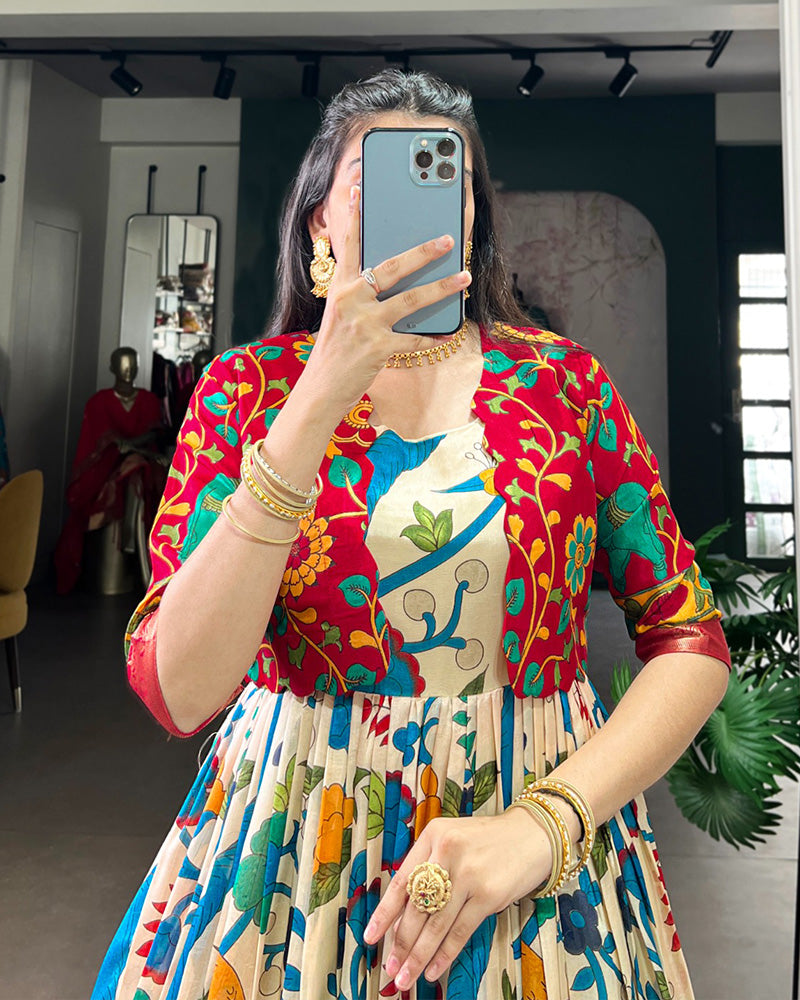 Off-White Color Tasar Silk Printed Gown With Koti