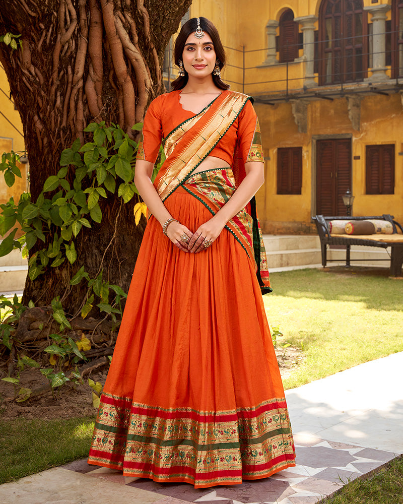 Orange Color Pure Nylon Chanderi Plain Half Saree