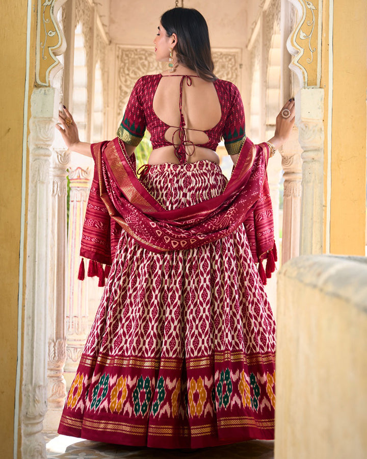 Maroon Color Tussar Silk Ikkat Printed Lehenga Choli