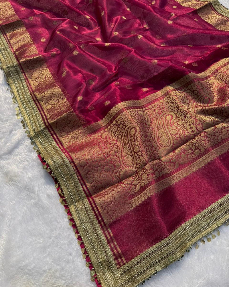 Rani Pink Color Banarasi Organza Tissue Silk Saree