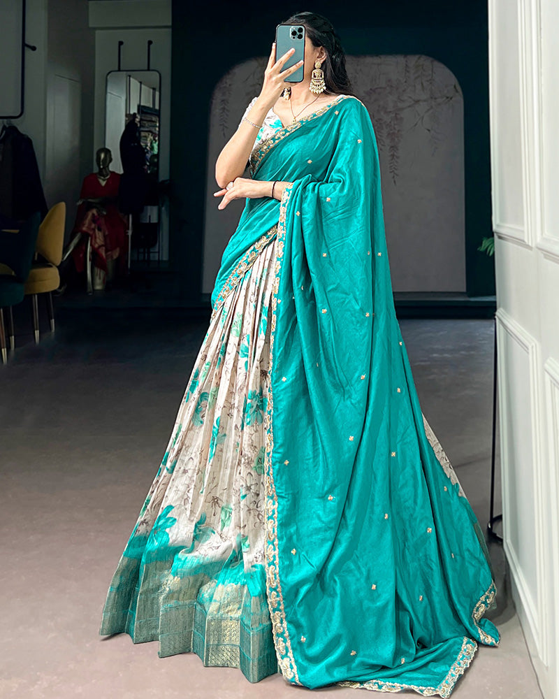 Teal Green Color Dola Chex Floral Printed Half Saree
