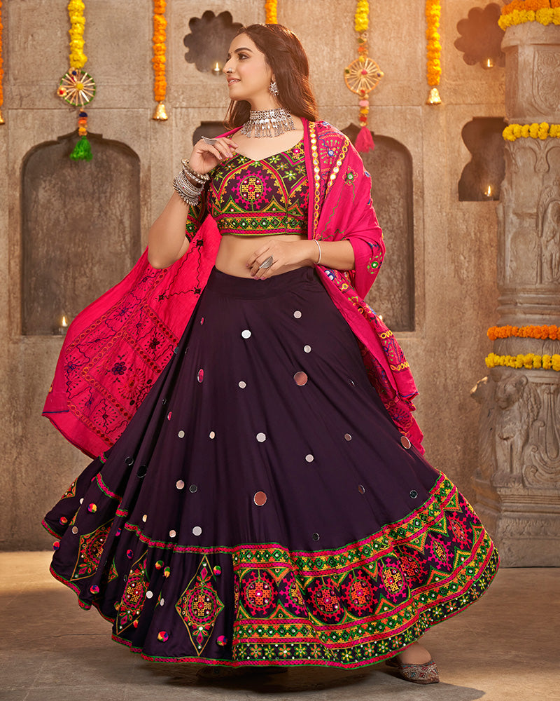 Purple Color Viscose Rayon Mirror Work Navratri Lehenga Choli