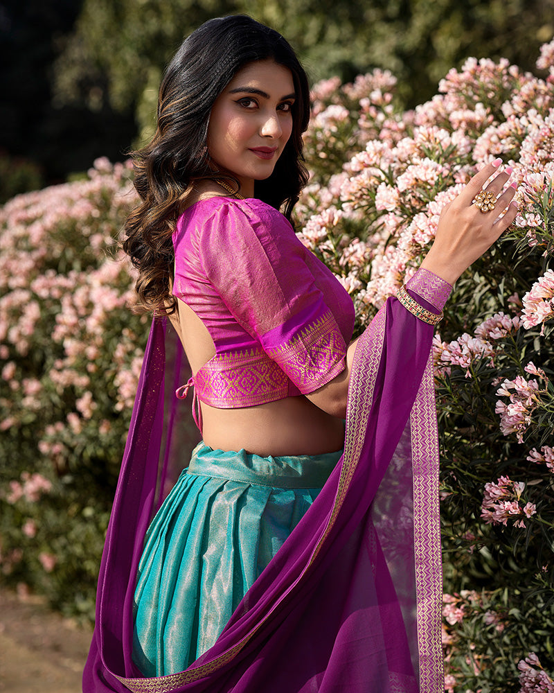 Sky Blue Color Kanchipuram Silk Designer Half Saree