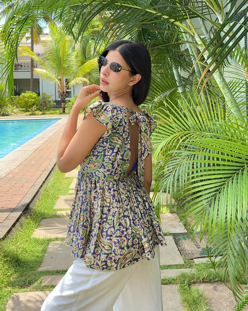 Blue Color Pure Cotton Kalamkari Printed Tunic