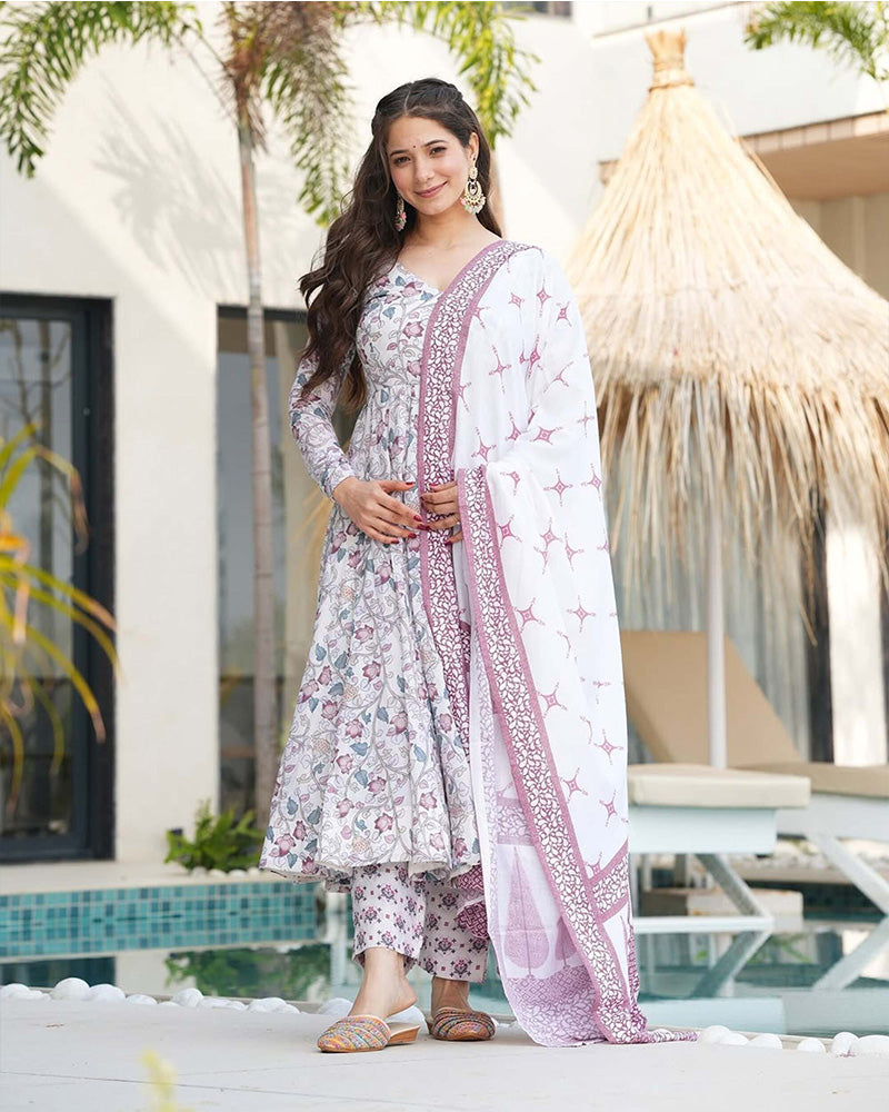 White Color Printed Soft Cotton Three Piece Anarkali Suit