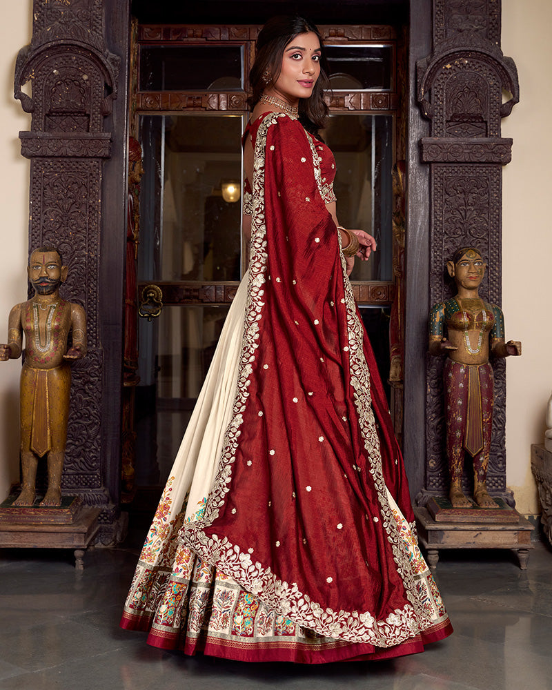 Off White Color Tussar Silk Printed And Foil Work Lehenga Choli