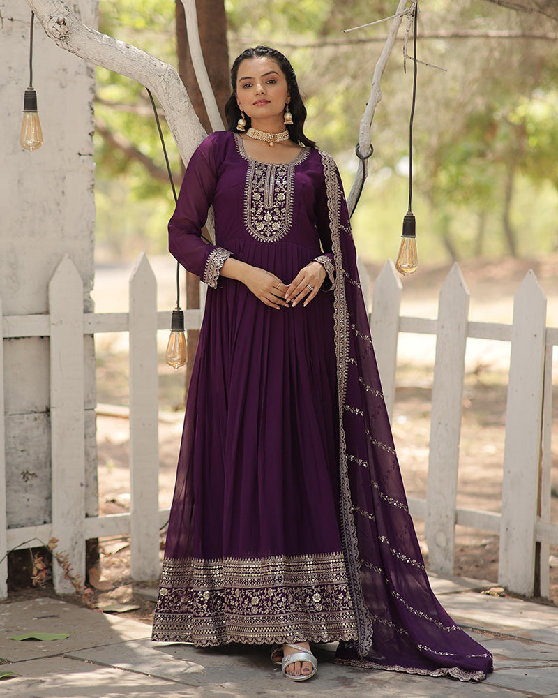 Purple Color Faux Blooming Rich Sequence Embroidered Gown