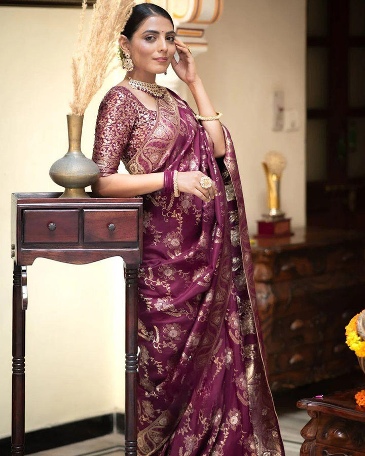 Wine Color Banarasi Jacquard Zari Weaving Saree