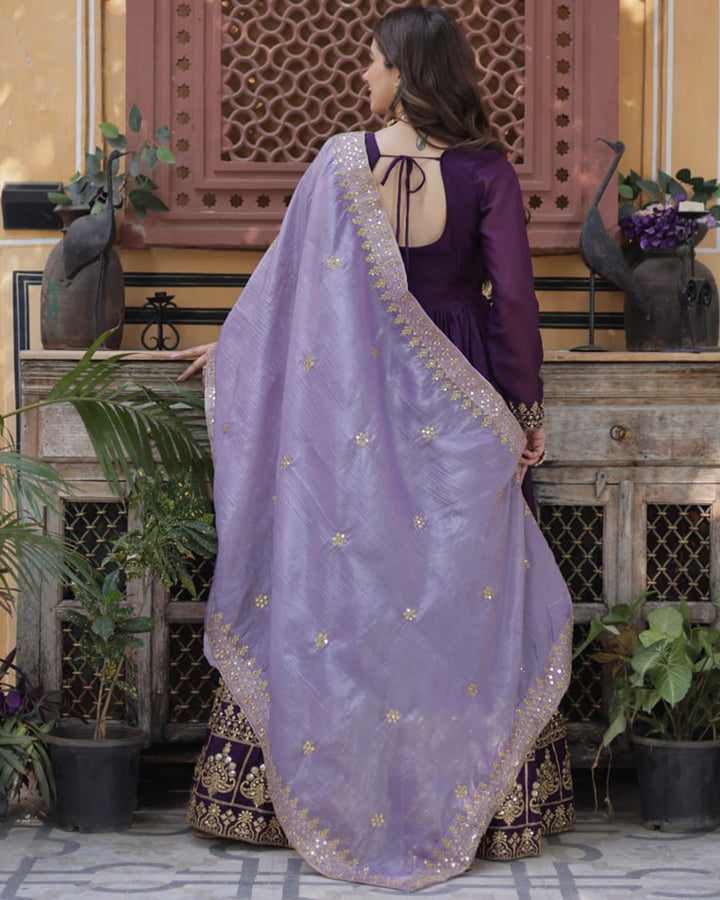 Wine Color Star Georgette Sequence Embroidered Gown
