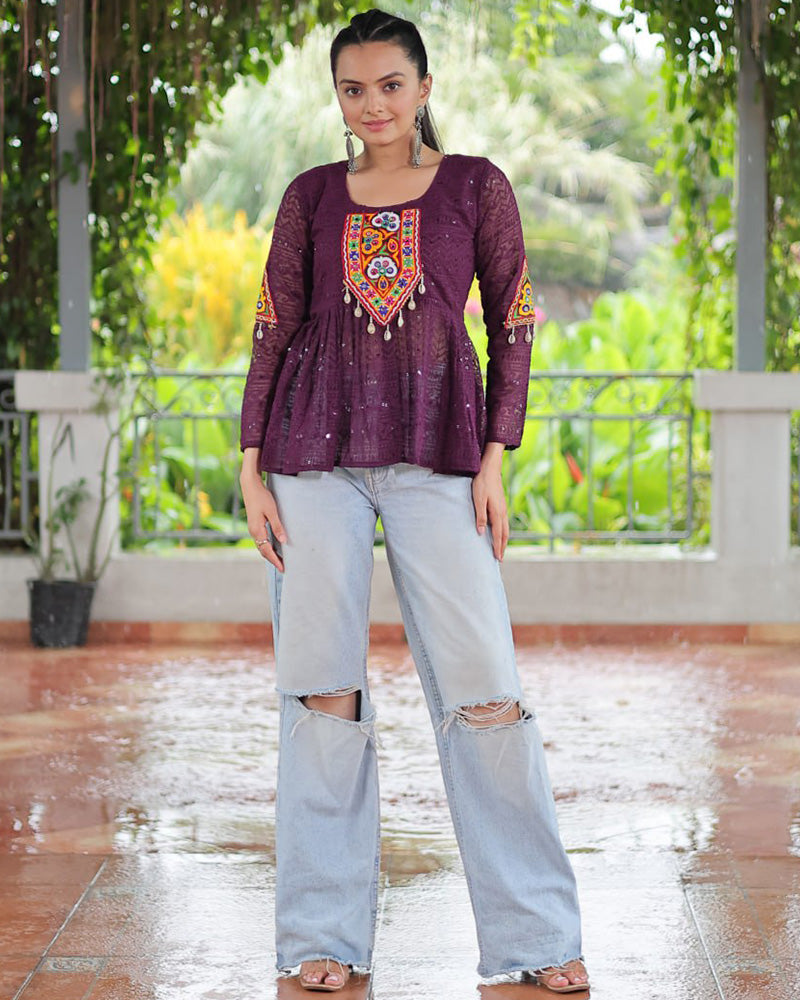 Wine Color Georgette Schiffli Work Navratri Kediya